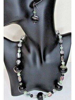 Black Agate and Glass Crystals Sterling Silver 925 Clasp Necklace Earrings Set